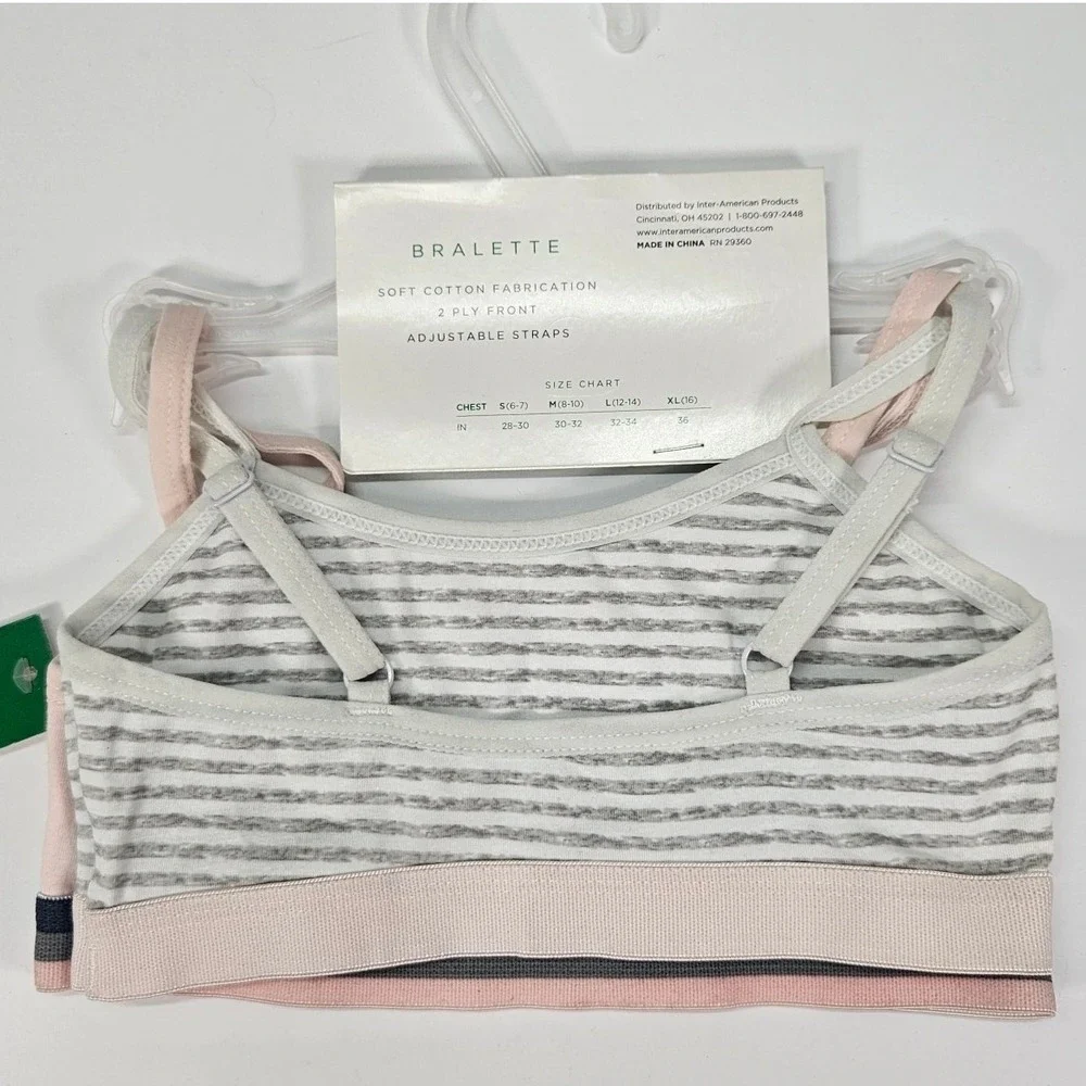 Girls 2 Pack‎ Dip Into Comfort Bralettes Size 6-7 Pink Striped Cotton Adjustable